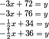 -3x + 72 = y\\ -3x + 76 = y \\ -\frac{1}{2}x + 34 = y\\ -\frac{1}{2}x + 36 = y\\